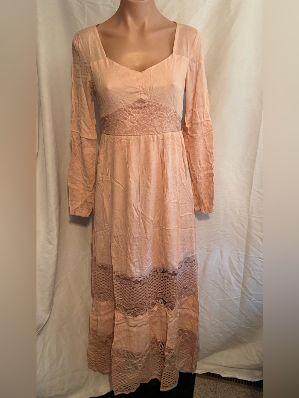 NWOT! Cottagecore Sweet Traditional Peach with Lace Trim Long Sleeve Maxi Dress